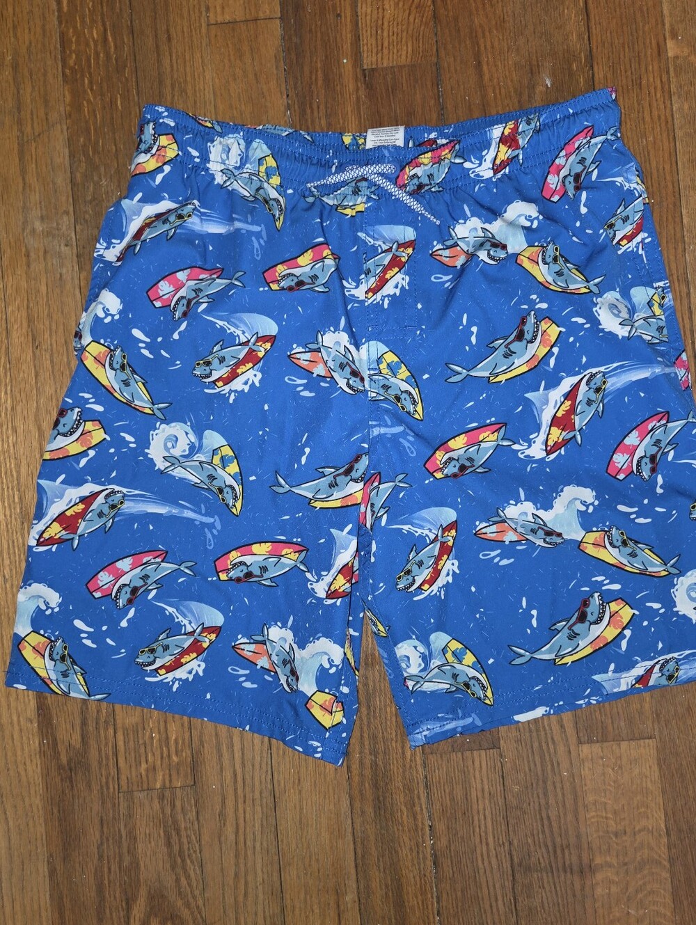 Boys Wonder Nation Blue Shark Surf Print Swim Trunks With Pockets